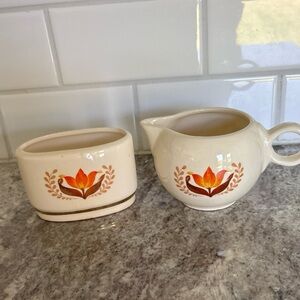 Bakerite MCM Retro Orange Tulip Sugar Bowl  & Creamer Vintage USA Made EUC
